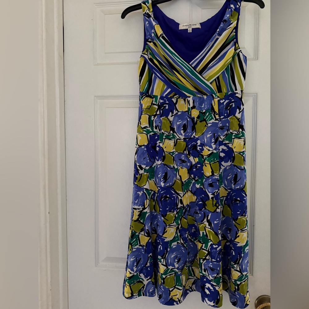 Evan Picone Blue and Green Floral Midi Dress